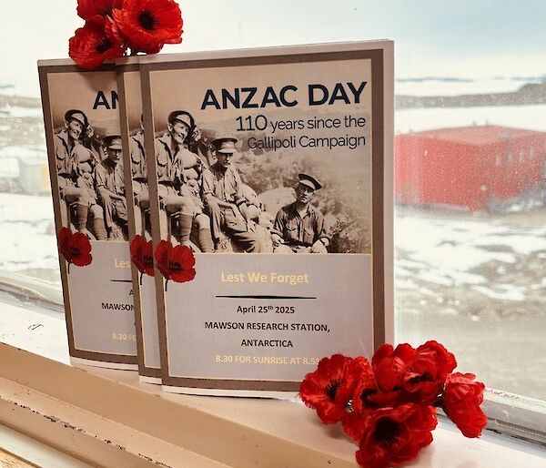 An Anzac Day program propped up against a window with red poppies around it
